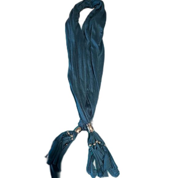 Modern Boho Chic Business Casual Teal Blue w/Silver Beading & Fringe Scarf - Picture 1 of 4